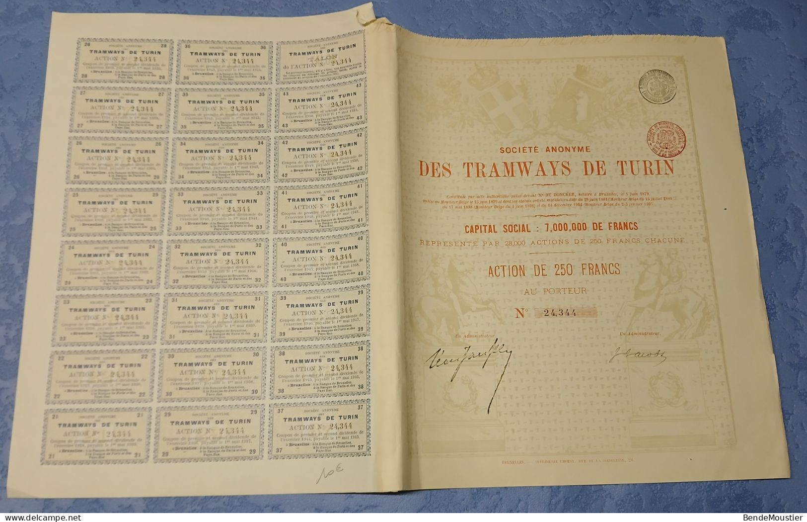 S.A. Des Tramways De Turin - Action De  250 Frs Au Porteur - Bruxelles 1904 - Ferrocarril & Tranvías