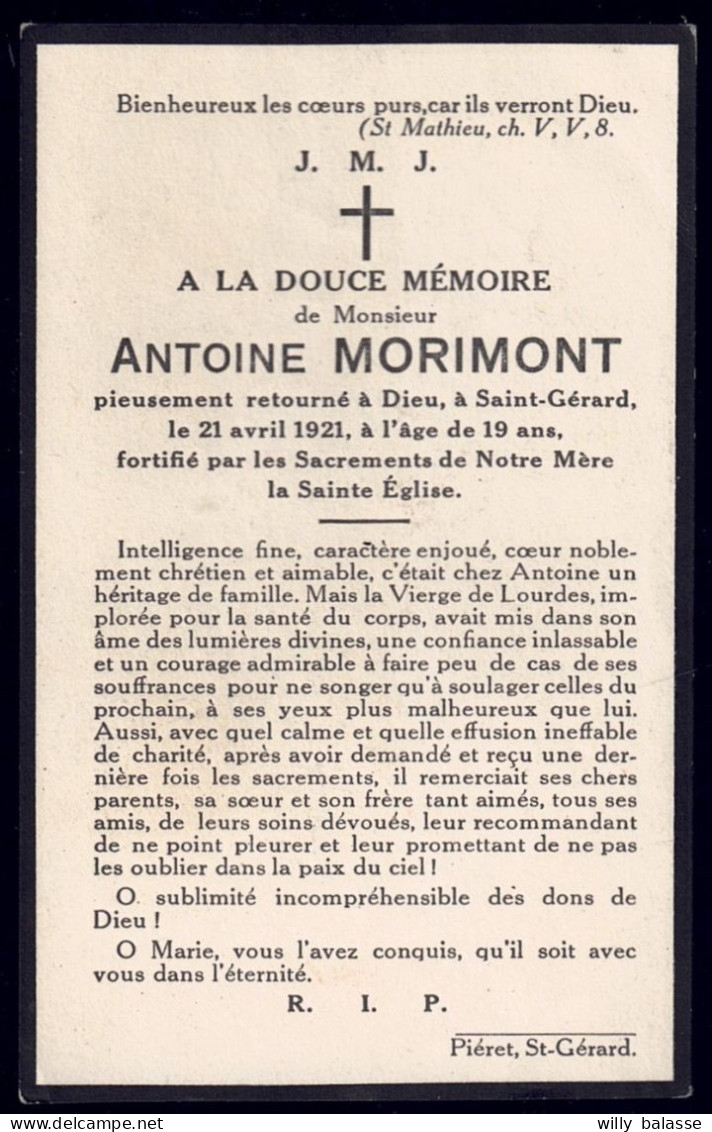 +++ Souvenir Pieux - Faire Part Décès - Antoine MORIMONT - SAINT GERARD 1902 - 1921 - Boumard Et Fils // - Décès