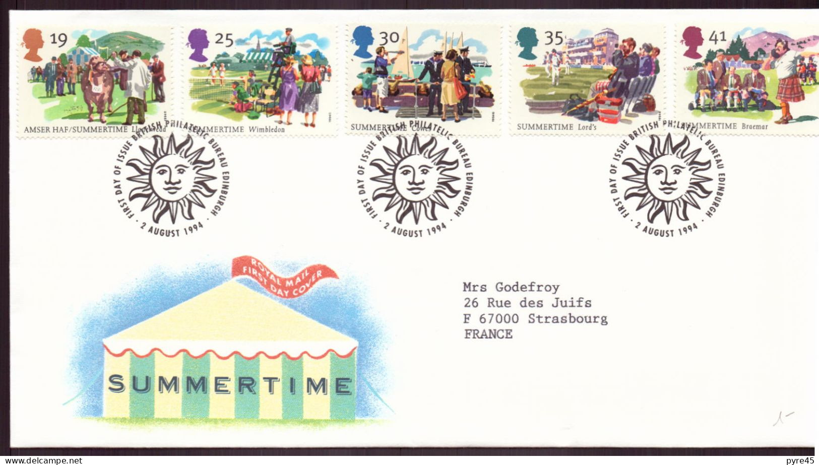 Grande-Bretagne, FDC, Enveloppe Du 2 Août 1994 Pour Strasbourg " Summertime " - 1991-2000 Decimal Issues