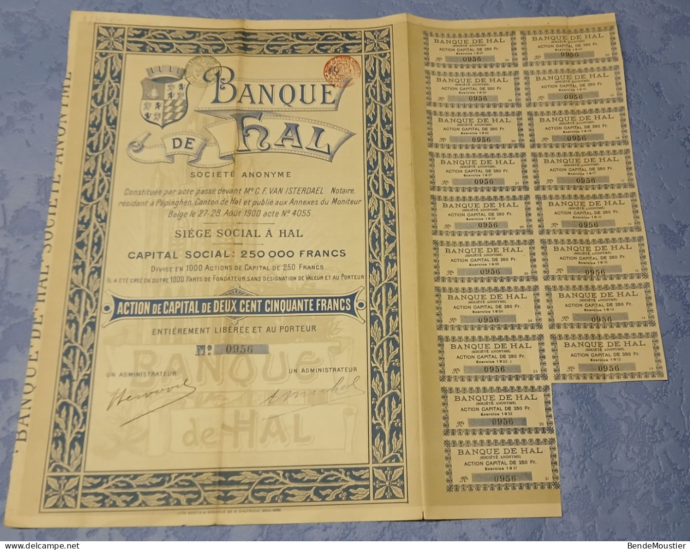 Banque De Hal S.A. - Action De Capital De 250 Frs Entièrement Libérée Au Porteur - Hal 1900 - Banque & Assurance