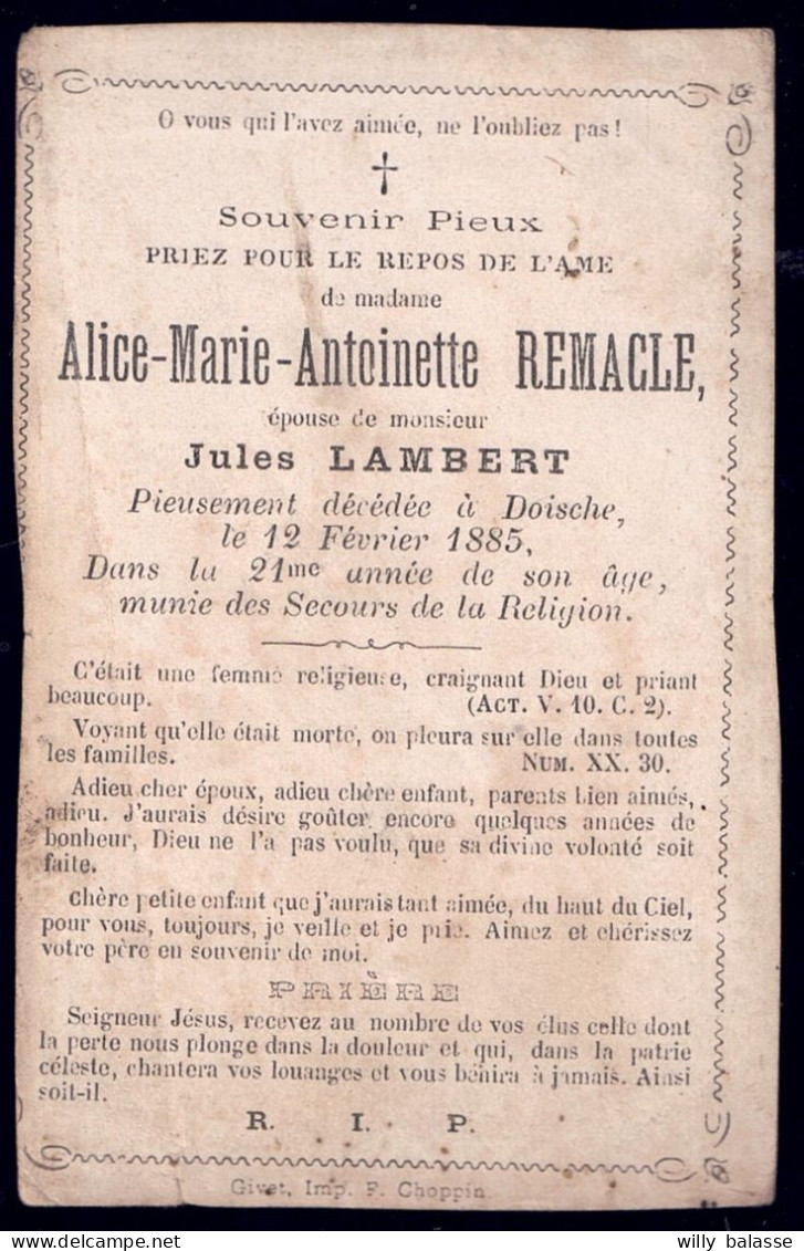 +++ Souvenir Pieux - Faire Part Décès - Alice REMACLE - Lambert - DOISCHE 1864 - 1885 // - Décès