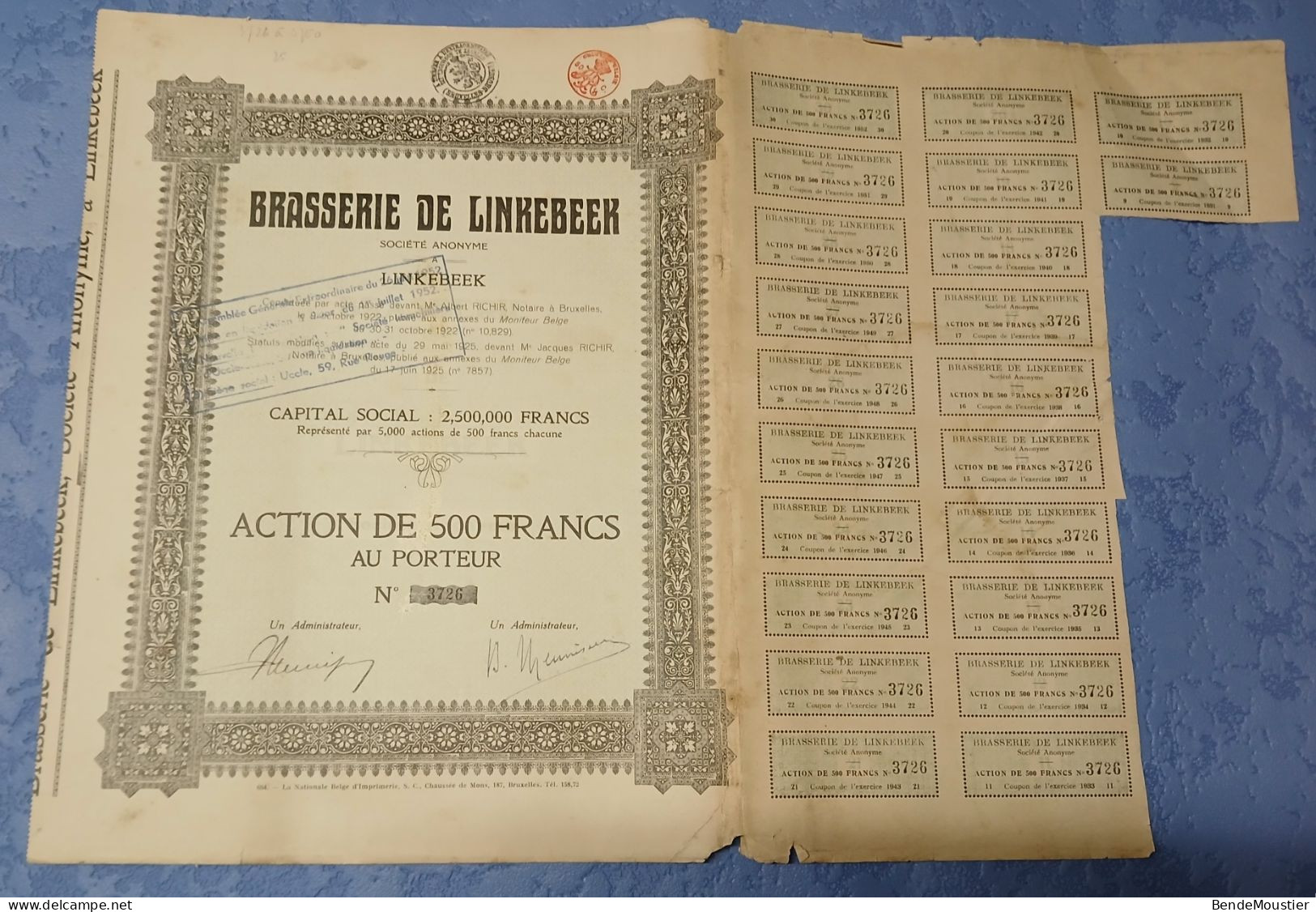 Brasserie De Linkebeek S.A. - Action De 500 Frs Au Porteur - Linkebeeck 1925 - Industry