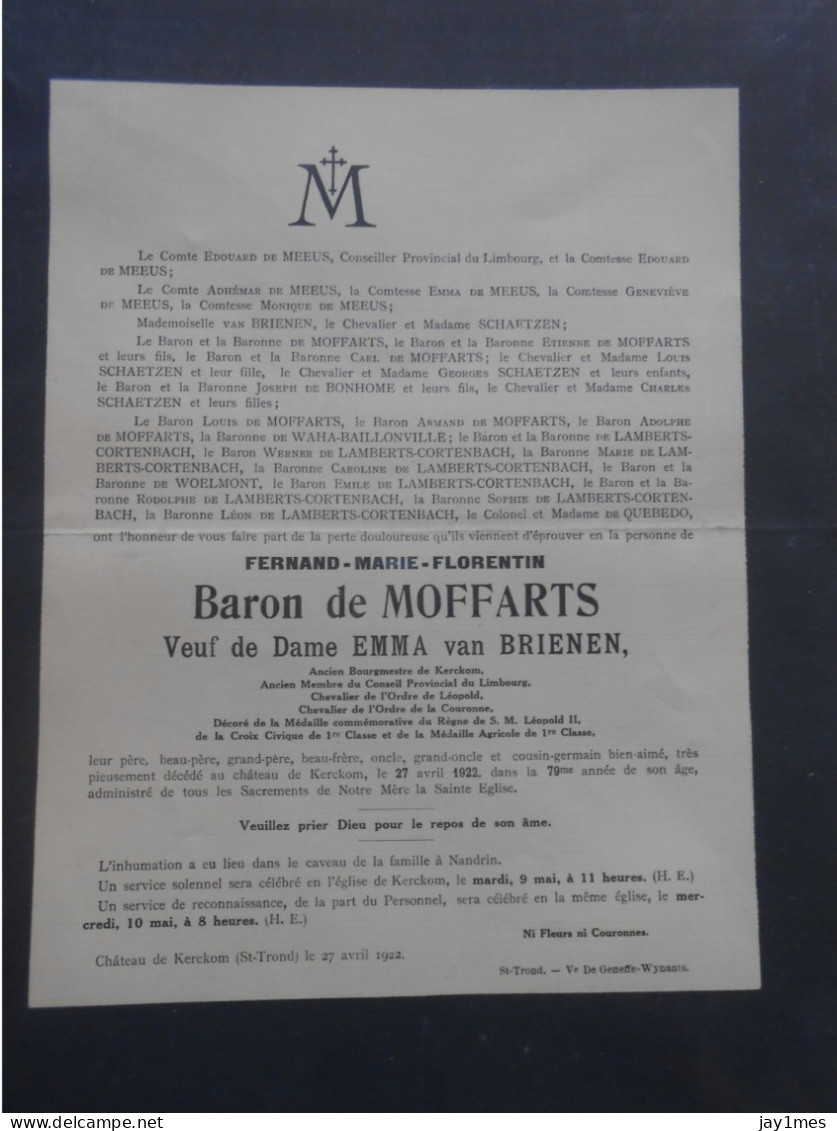 St-trond Baron De Moffarts Bourgmestre De Kerckom Décédé Au Château à 79 Ans En 1922 Inhumé à Nandrin - Décès