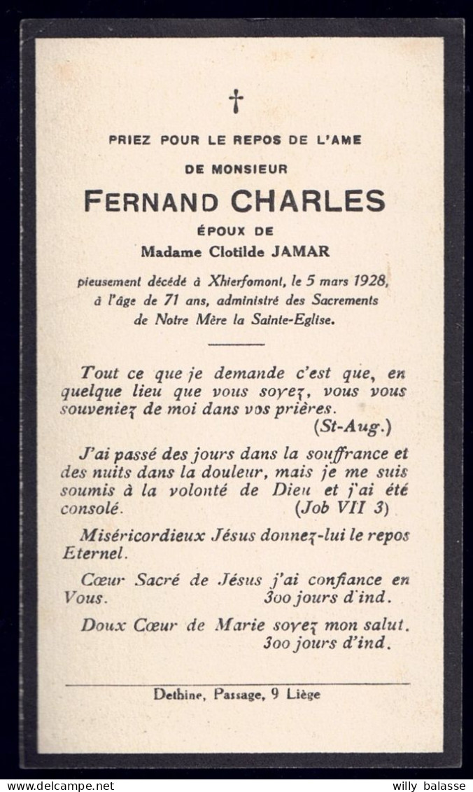 +++ Souvenir Pieux - Faire Part Décès - Fernand CHARLES - Jamar - XHIERFOMONT  1857 - 1928 // - Décès