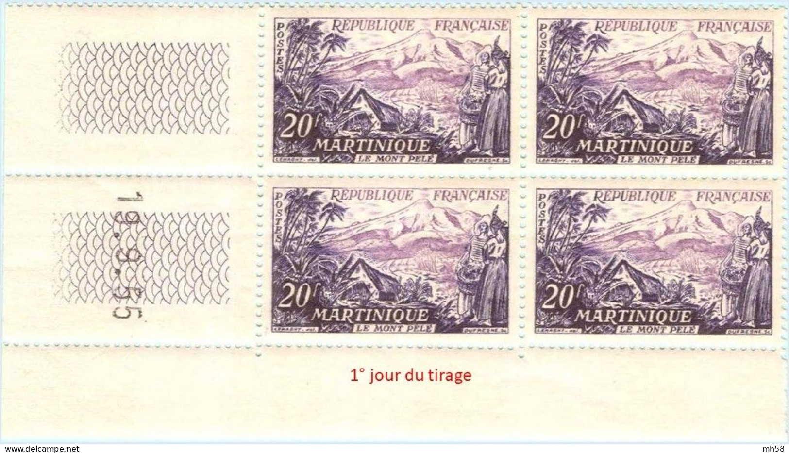 FRANCE - Bloc De 4 CD Coin Daté 19.9.55 1° Jour Du Tirage Neuf ** - N° 1041 20f Mont Pelé Martinique - 1950-1959