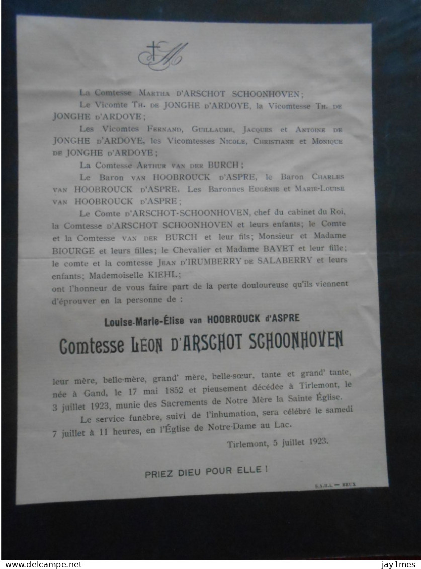 Tirlemont Van Hoobrouck D'Aspre Comtesse Arschot Schoonhoven Née à Gand 1852-1923 - Décès