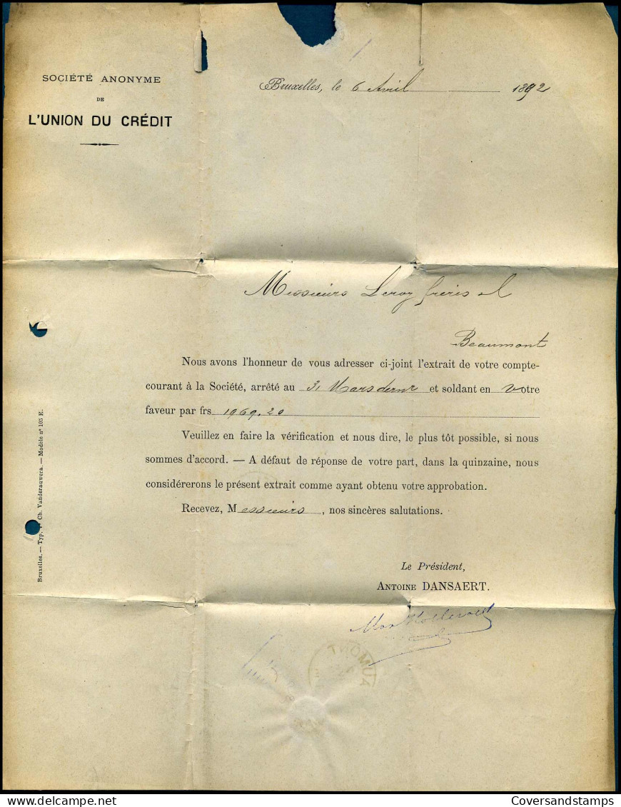 46 Op Brief Van Bruxelles Naar Beaumont - 07/04/1892 - 1884-1891 Leopold II
