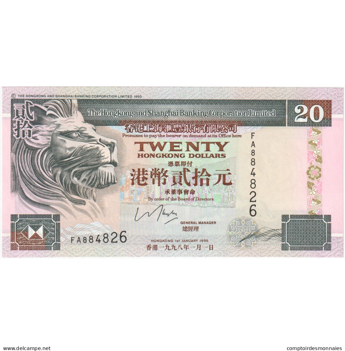 Hong Kong, 20 Dollars, 1998, 1998-01-01, KM:201a, NEUF - Hongkong