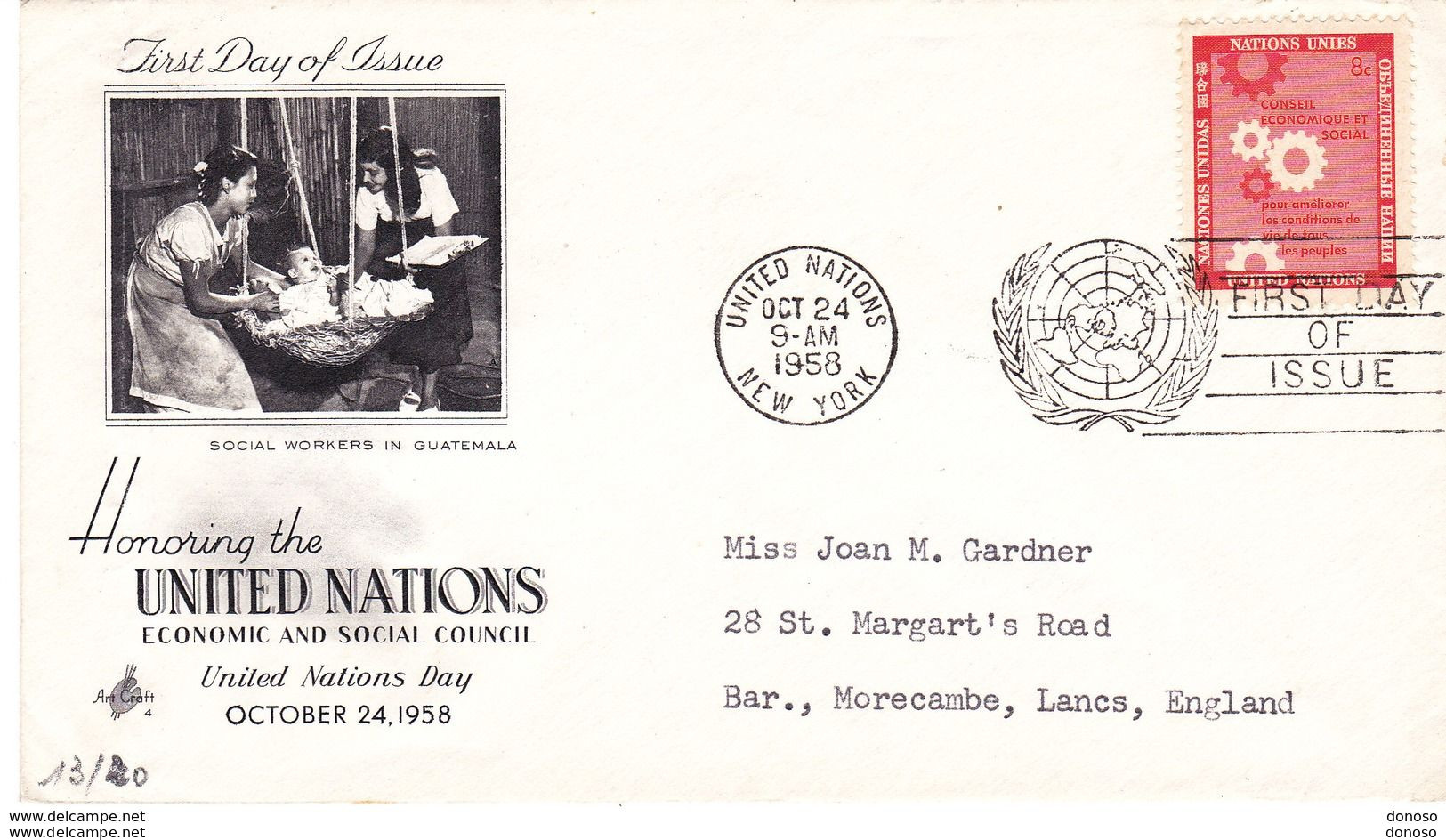 NATIONS UNIES 1958 FDC Conseil économique Et Social Yvert 63; Michel 73 - FDC