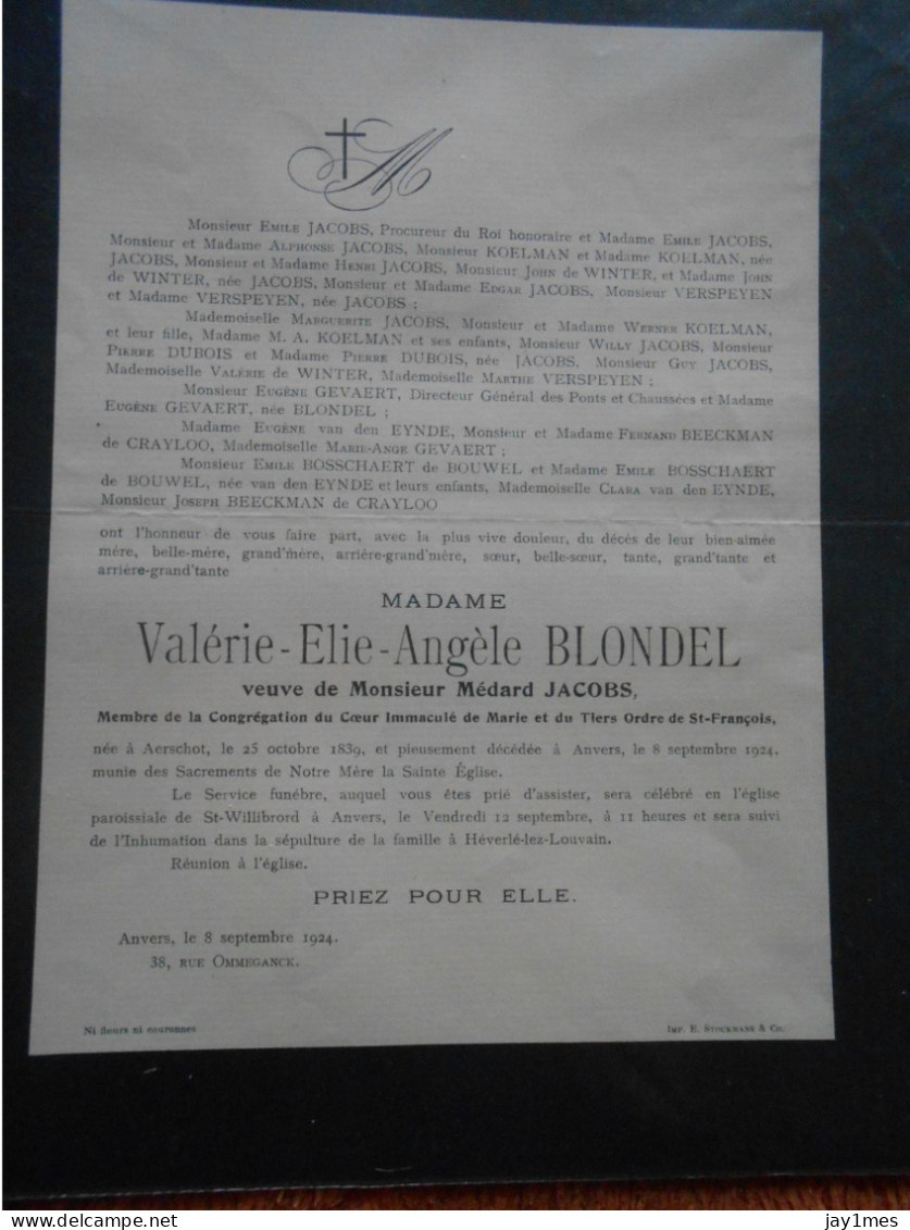 Anvers Valérie Blondel Veuve Jacobs Née à Aerschot 1839-1924-inhumé à Héverlé-lez-Louvain Pour Comtesse Château à Spa - Décès