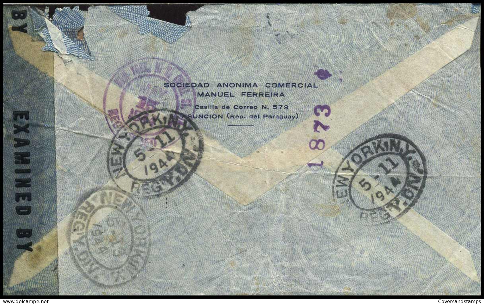 Registered Cover From Asunsion, Paraguay To New York, USA - 'Examined By 7554' - Censor - Paraguay