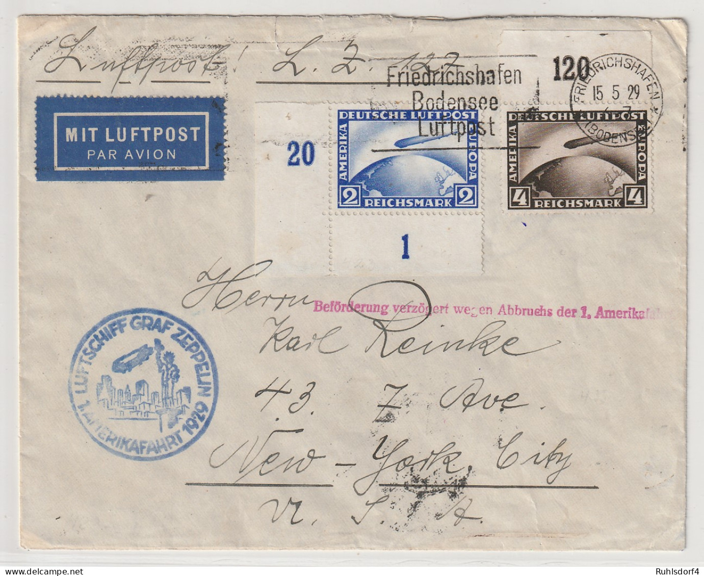 Zeppelin: 1. Amerikafahrt 1929, Frankiert Mit 2 Und 4 RM - Zeppelines