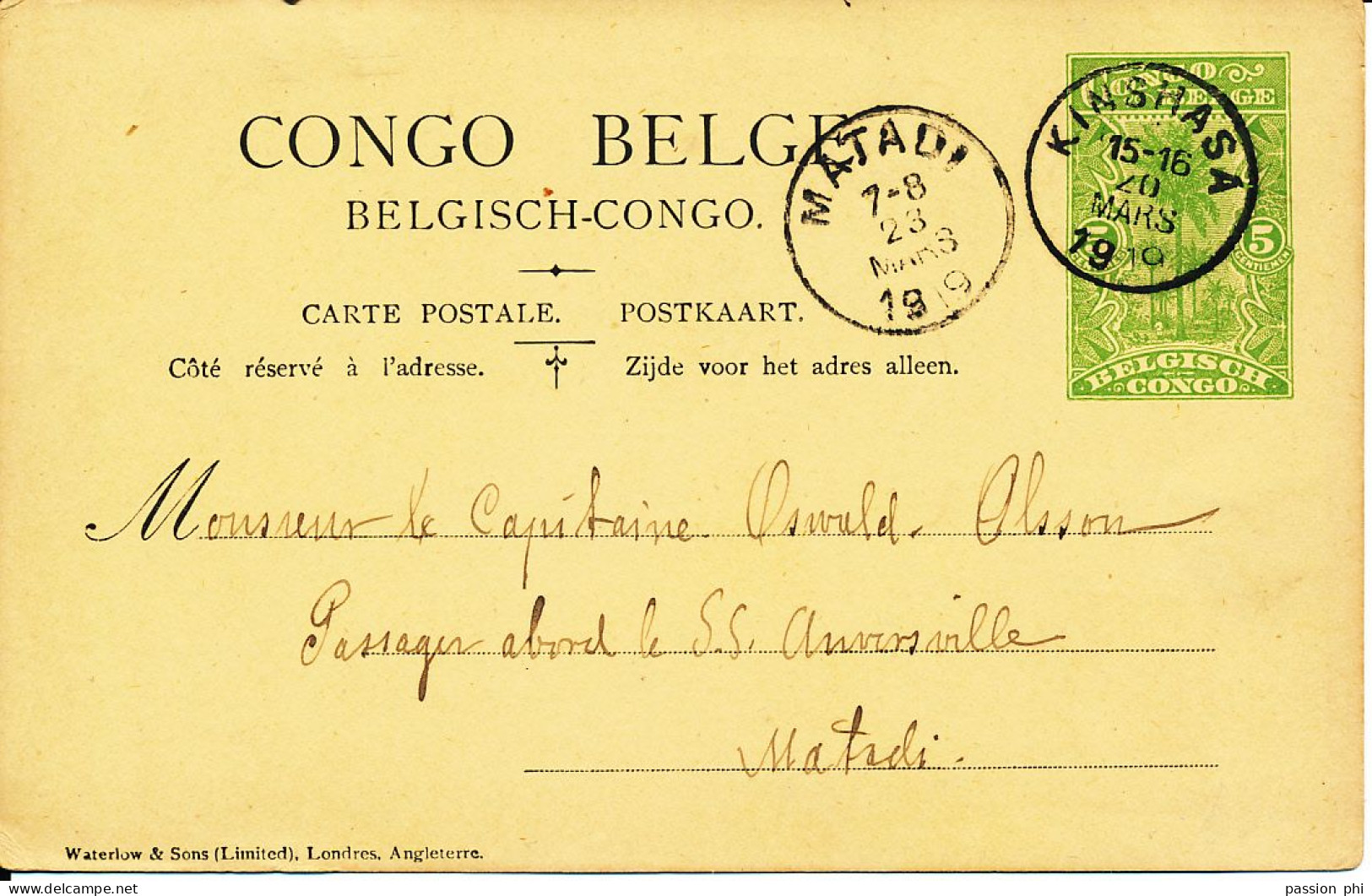 TT BELGIAN CONGO  INLAND SBEP 44 USED FROM KIN. 20.03.1919 TO MATADI - Stamped Stationery