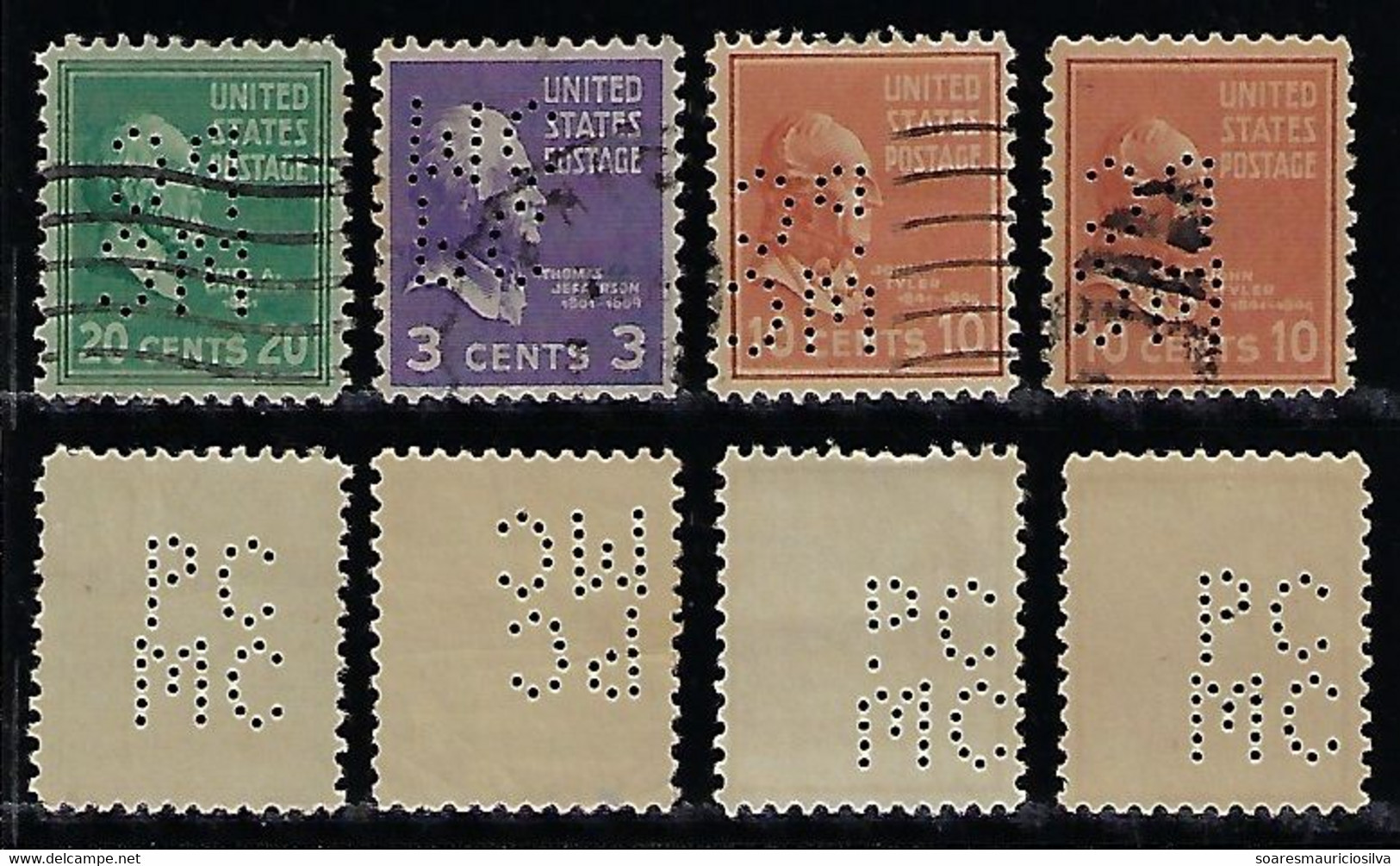 USA United States 1922/1952 3 Stamp Perfin PC/MC By Pullman-Standard Car Manufacturing Co From Chicago Lochung Perfore - Perforés