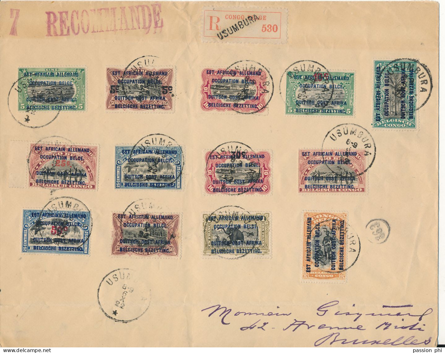 GEA RUANDA URUNDI  1916/1922 ISSUES ON PHILATELIC REGISTERED COVER FROM USUMBUR 06.10.22 TO BRUSSELS - Lettres & Documents