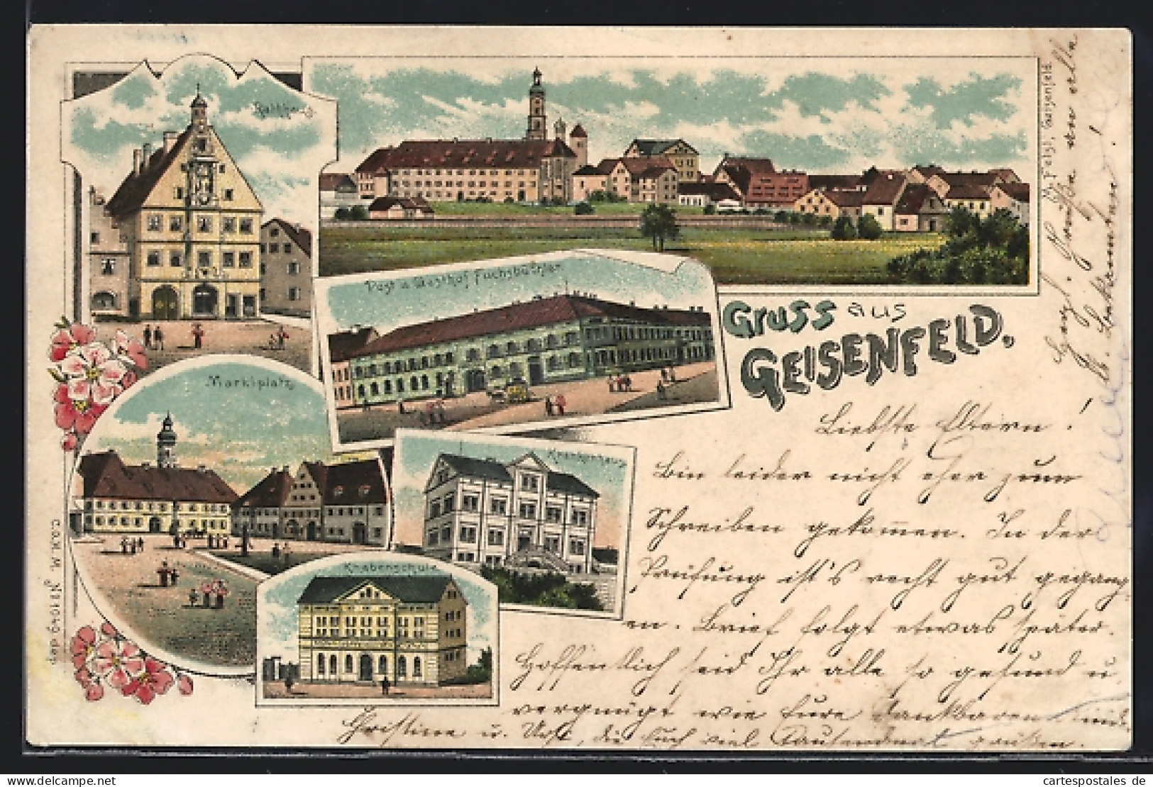 Lithographie Geisenfeld, Gasthof Fuchsbüchler Und Post, Knabenschule, Krankenhaus  - Geisenfeld