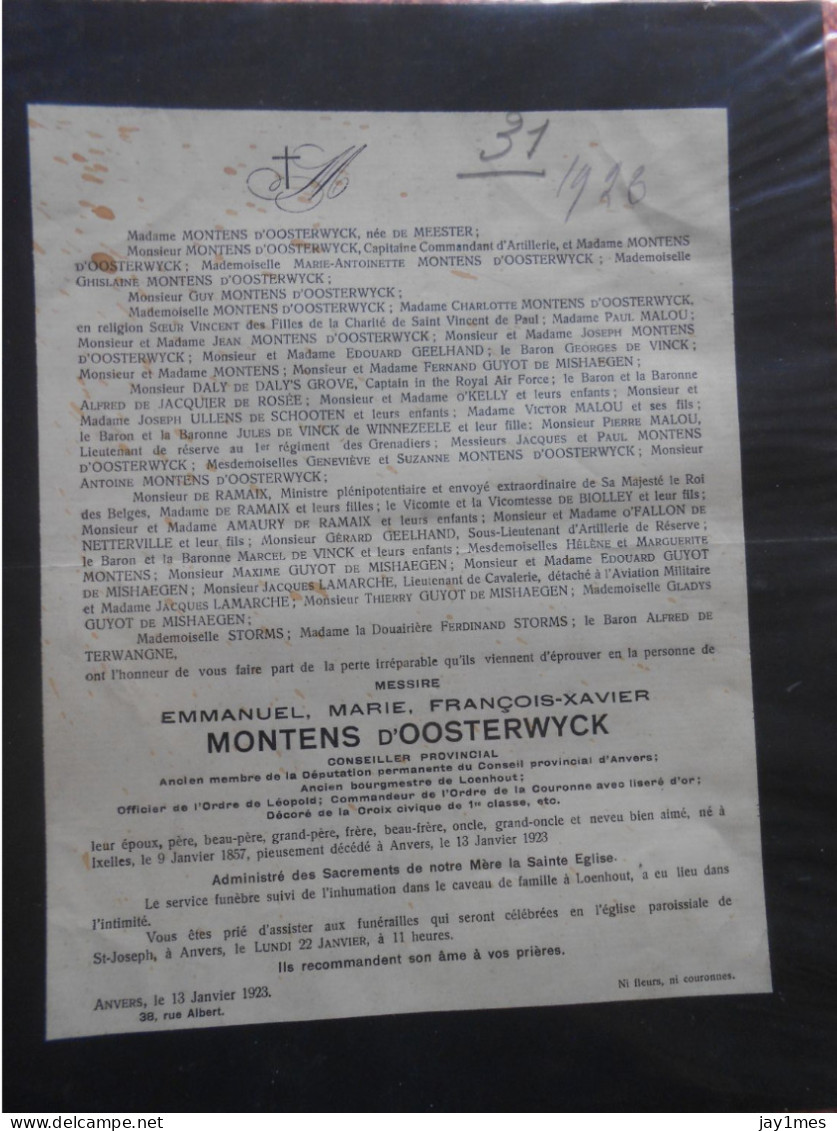 Loenhout Messire Montens D'Oosterwijck Conseiller Province Anvers 1857-1923 Pour Comtesse Château à Spa - Décès