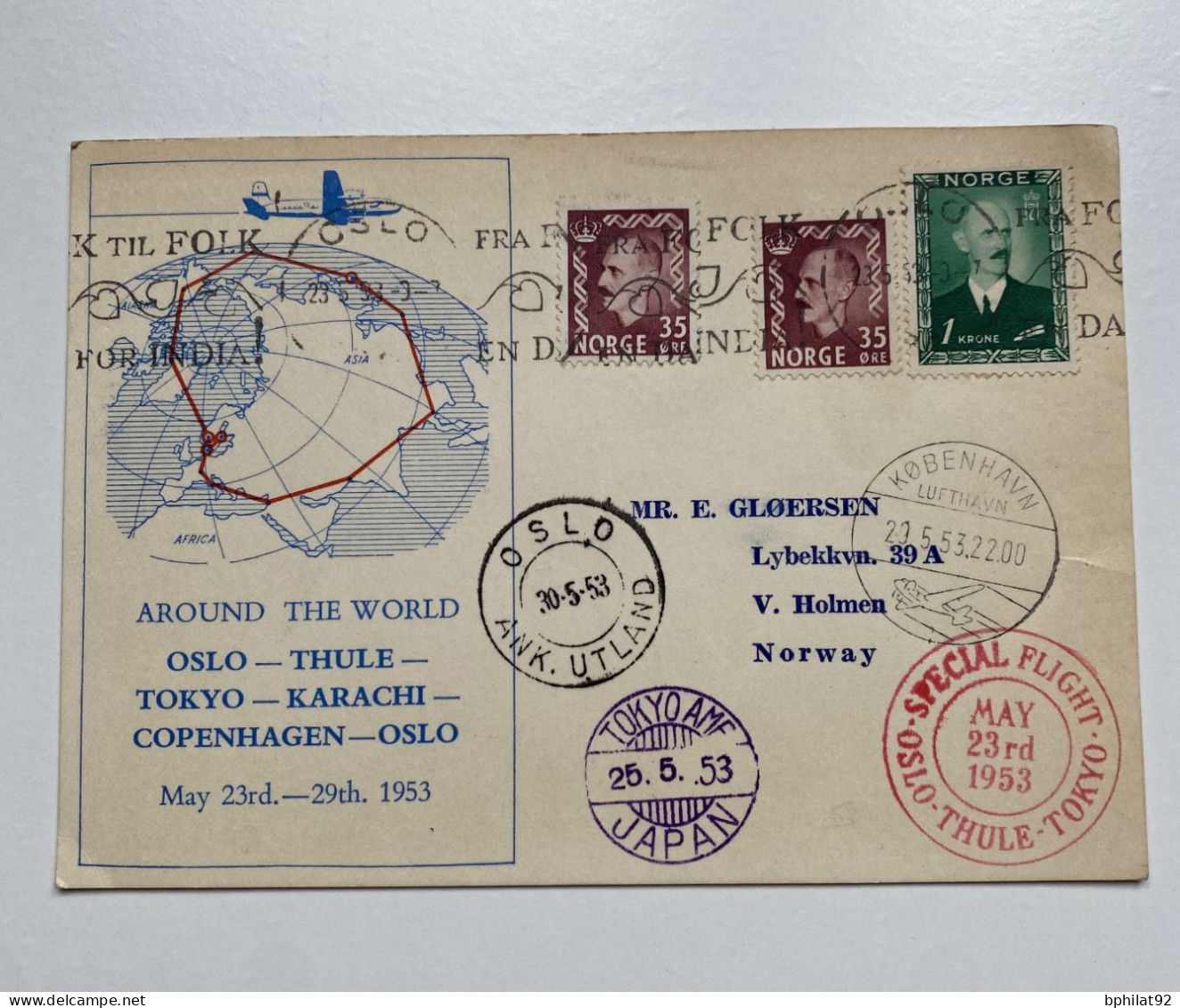 !!! NORVEGE, VOL SPECIAL TOUR DU MONDE OSLO TOKYO DU 23/3/1953 - Cartas & Documentos