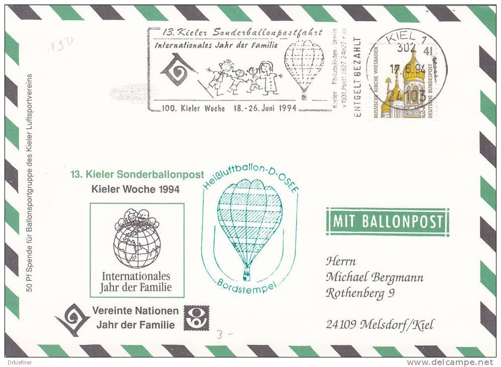Ballonpost, 13. Kieler Sonderballonpost Mit D-OSEE, Kieler Woche, Stempel: Kiel17.6.1994 - Montgolfier