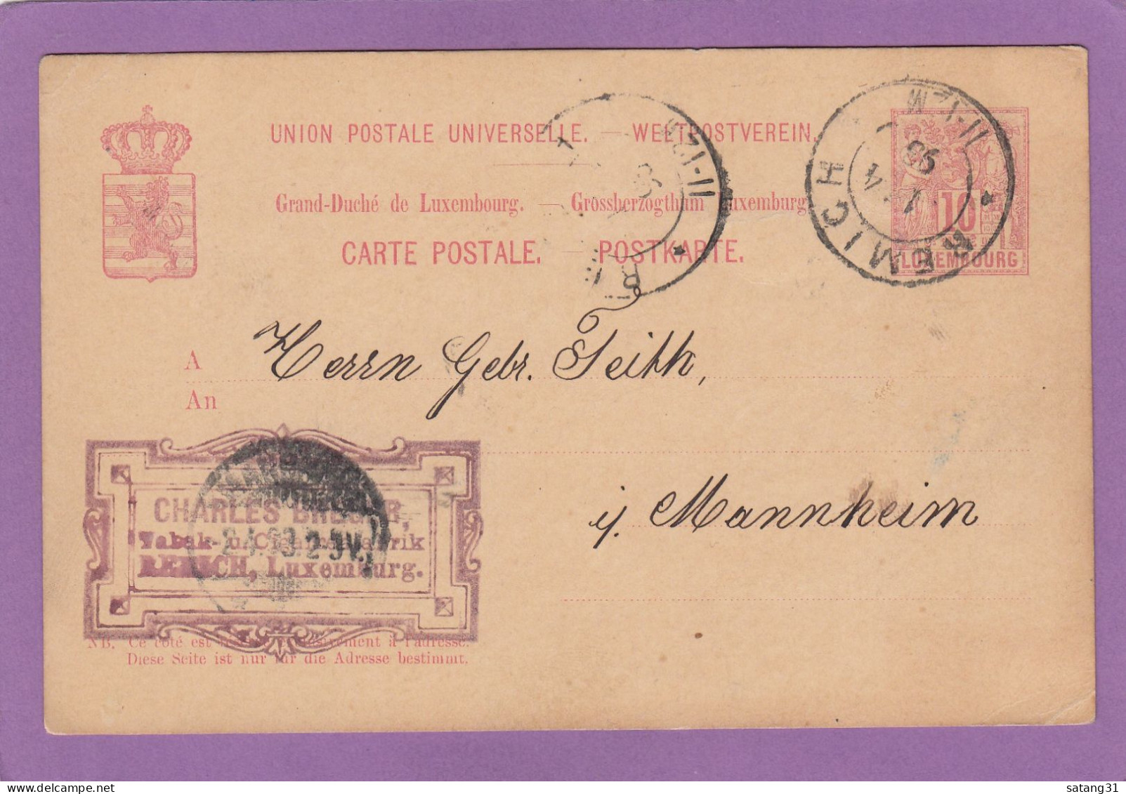 TABAK UND CIGARRENFABRIK,REMICH. GANZSACHE NACH MANHEIM,1896. - Stamped Stationery