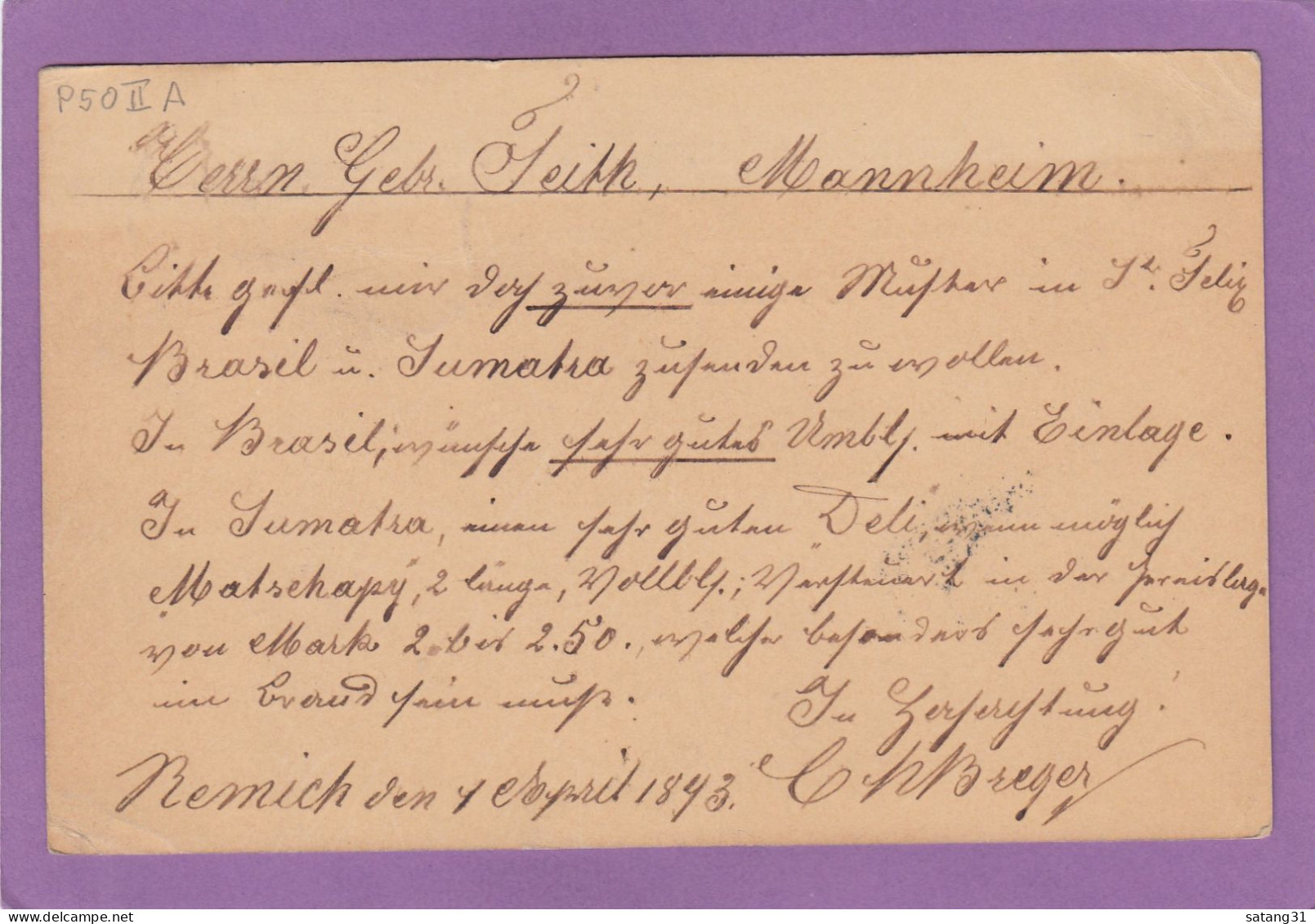 TABAK UND CIGARRENFABRIK,REMICH. GANZSACHE NACH MANHEIM,1896. - Stamped Stationery