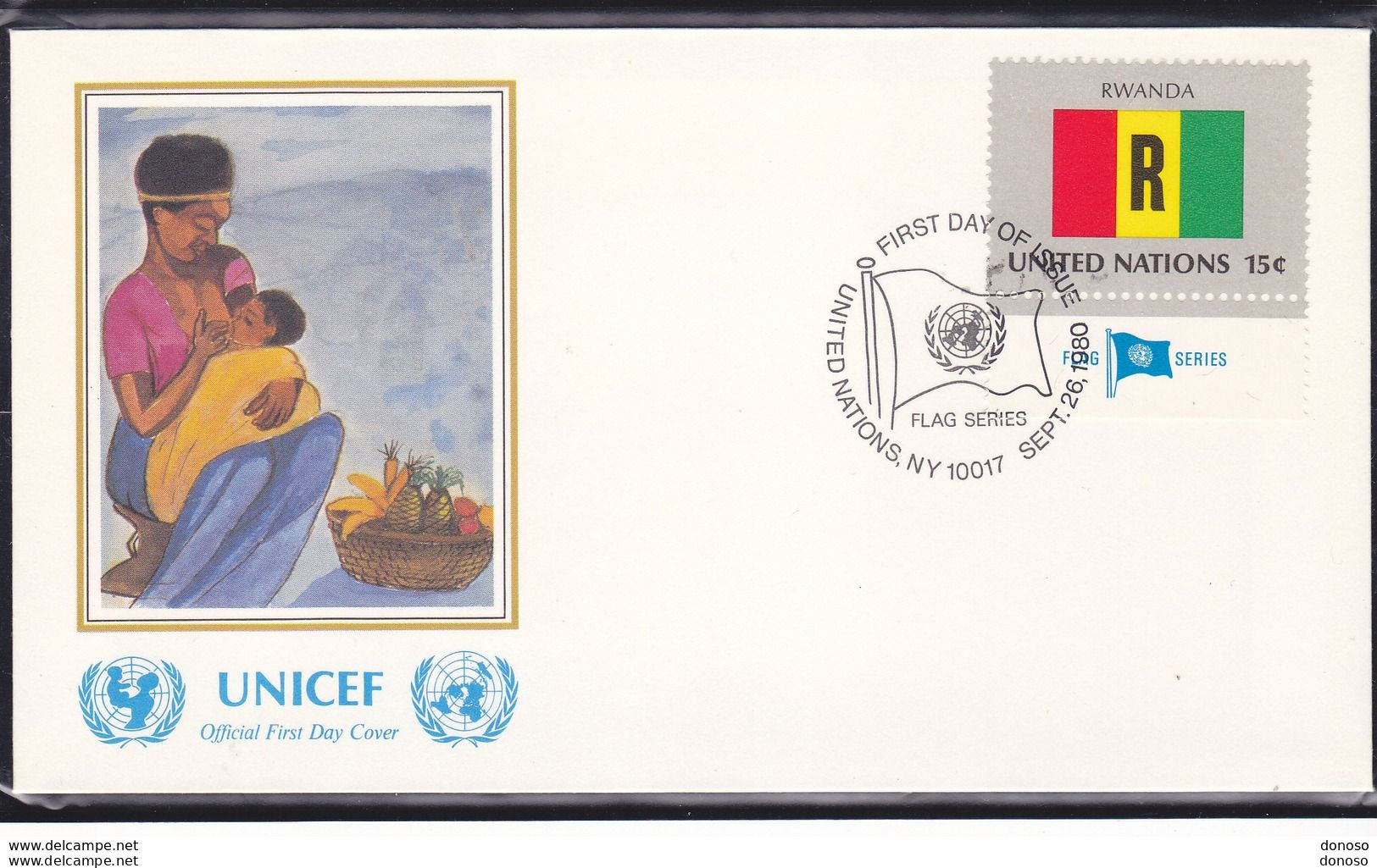 NATIONS UNIES 1980  DRAPEAU DU RWANDA FDC UNICEF Yvert 330, Michel 362 - FDC