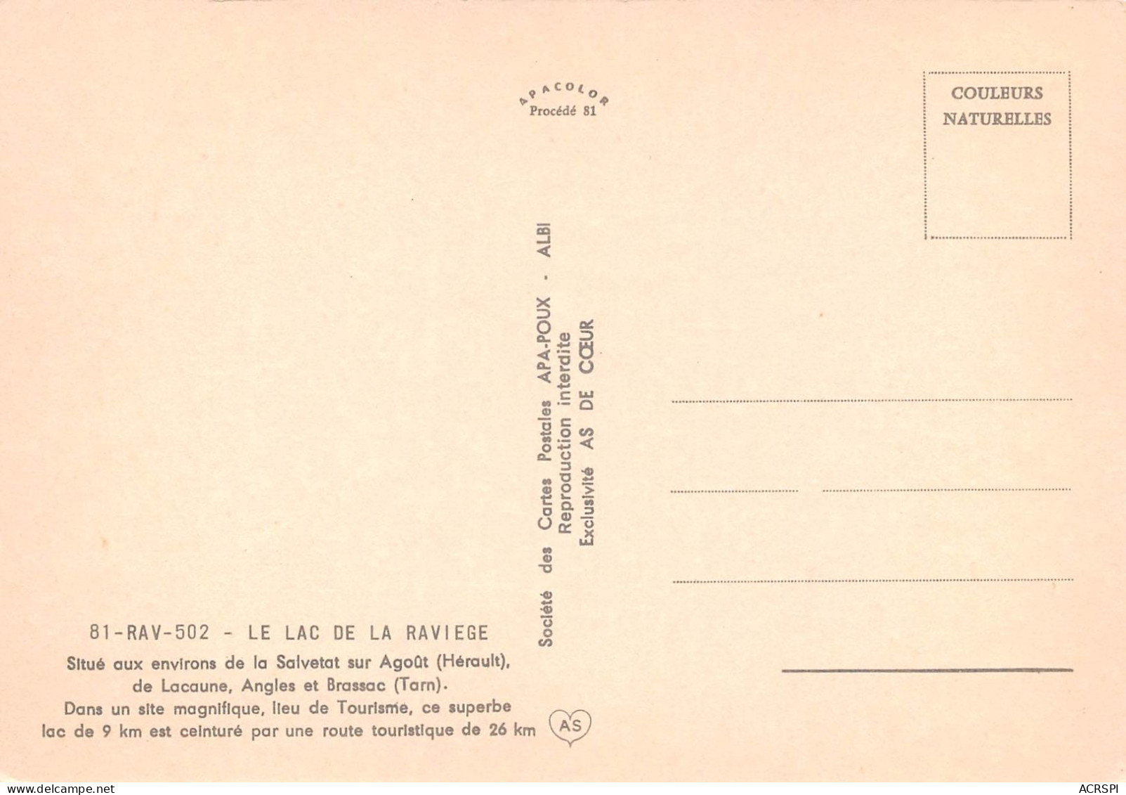 81 Lac De RAVIEGE Près De LACAUNE ANGLES Carte Vierge Non Circulé édition Apa-Poux (Scans R/V) N° 4 \MO7055 - Brassac