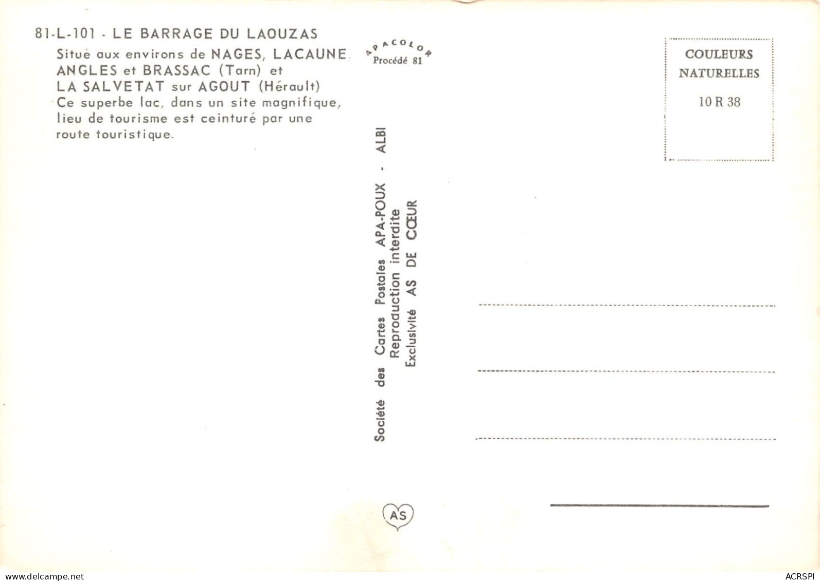 81 Barrage Du LAOUZAS Prés De LACAUNE Nages Et La Salvetat Carte Vierge  éditions Apa-Poux  (Scans R/V) N° 21 \MO7054 - Angles