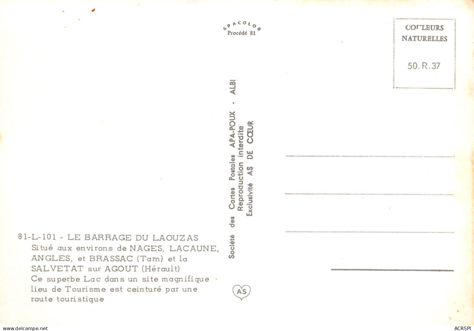 81 Barrage Du LAOUZAS Prés De LACAUNE Nages Angles Et Brassac Carte Vierge  éditions Apa-Poux  (Scans R/V) N° 20 \MO7054 - Angles