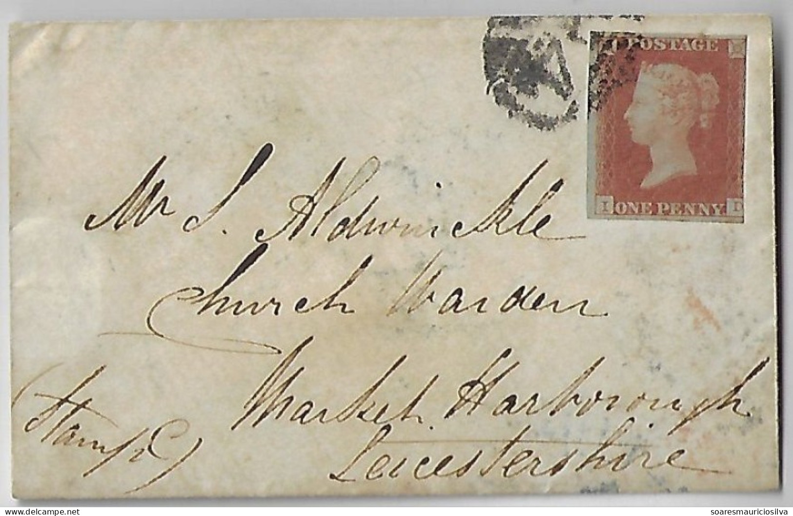 Great Britain 1851 Cover Sent To Market Harborough Stamp Queen Victoria 1 Penny Red Imperforate Corner Letter ID - Covers & Documents