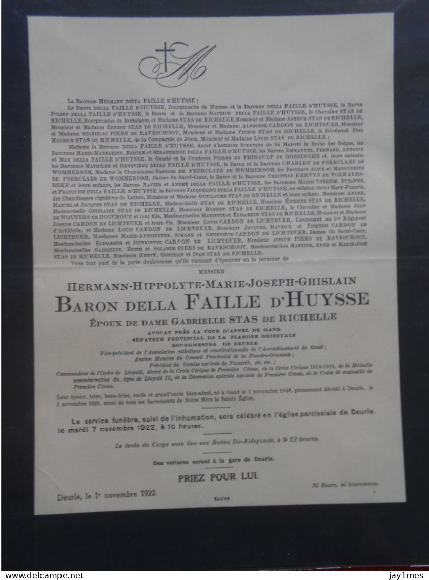 Baron Della Faille D'Huysse Né à Gand 1846-1922 Décédé à Deurle Bourgmestre Sénateur Flandre Pour Comtesse Château à Spa - Décès