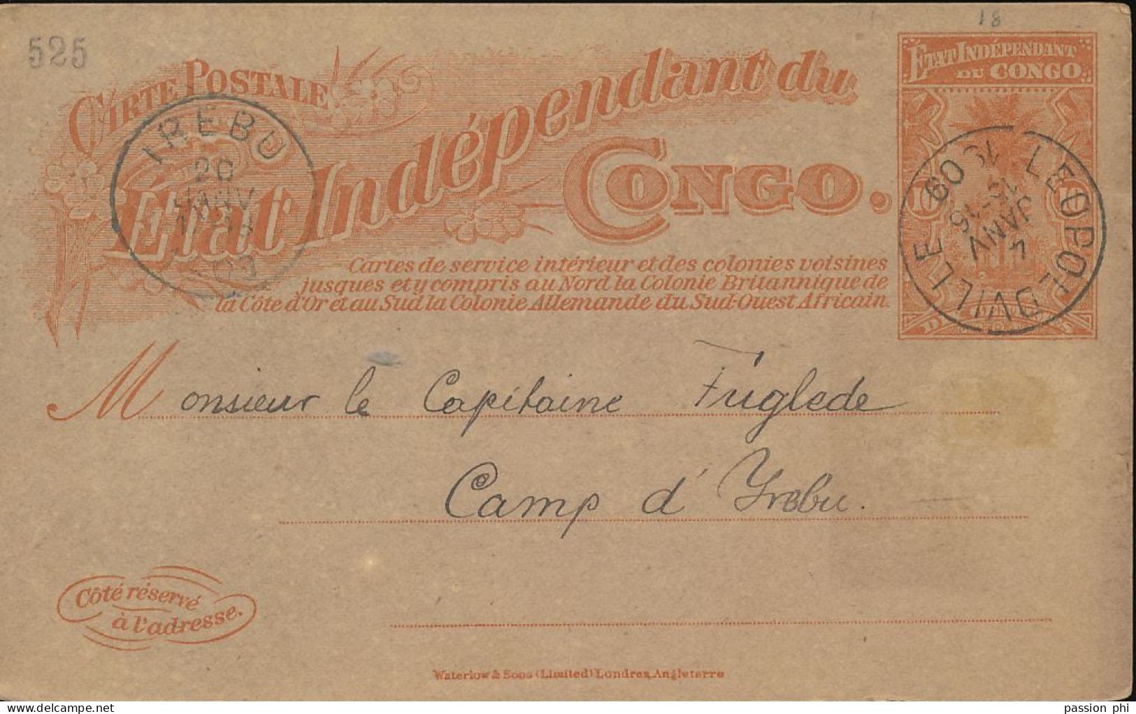 TT BELGIAN CONGO  INLAND SBEP 18a "PAPER B"  USED FROM LEO. 04.01.1909 TO IREBU - Interi Postali