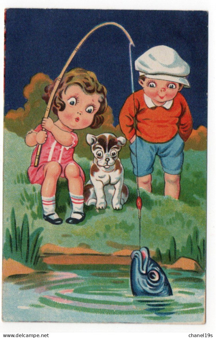 CHILDREN - DOG - FISHING - FISH - USED With STAMP 1937 - CONDITION READ DESCRIPTION & SEE SCANS !! - Dessins D'enfants