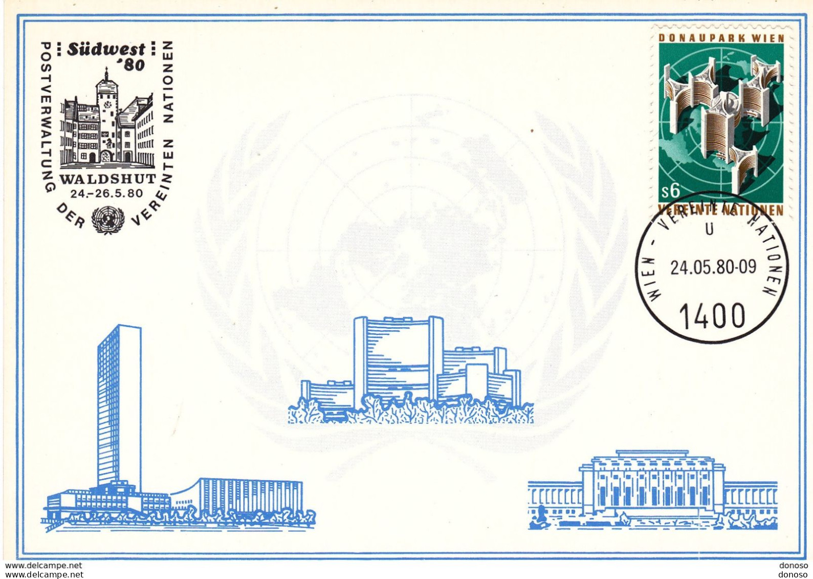 NATIONS UNIES 1980  SUD WEST 80 WALDSHUT CARTE Yvert 6, Michel 5 - Lettres & Documents