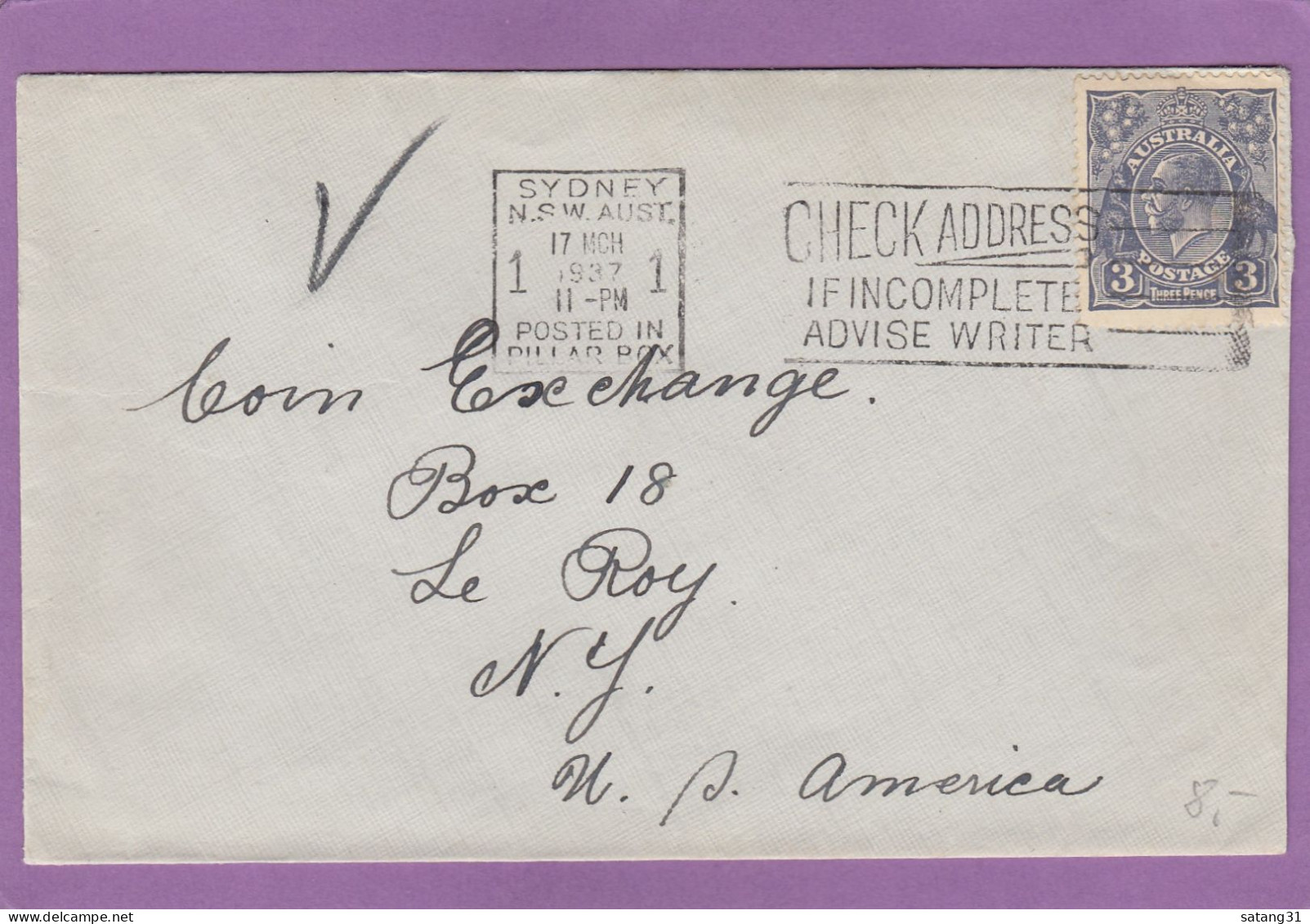 LETTRE DE SYDNEY,AVEC CACHET "POSTED IN PILLAR BOX",POUR NEW YORK. - Cartas & Documentos