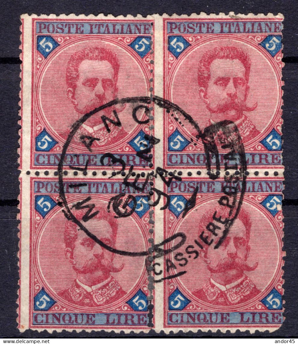 UMBERTO I L.5,00 SASS 64 IN QUARTINA USATA CON PIENO ANNULLO CENTRALE "MILANO CASSIERE POSTALE 3 GENNAIO 1894" QUARTINA - Afgestempeld