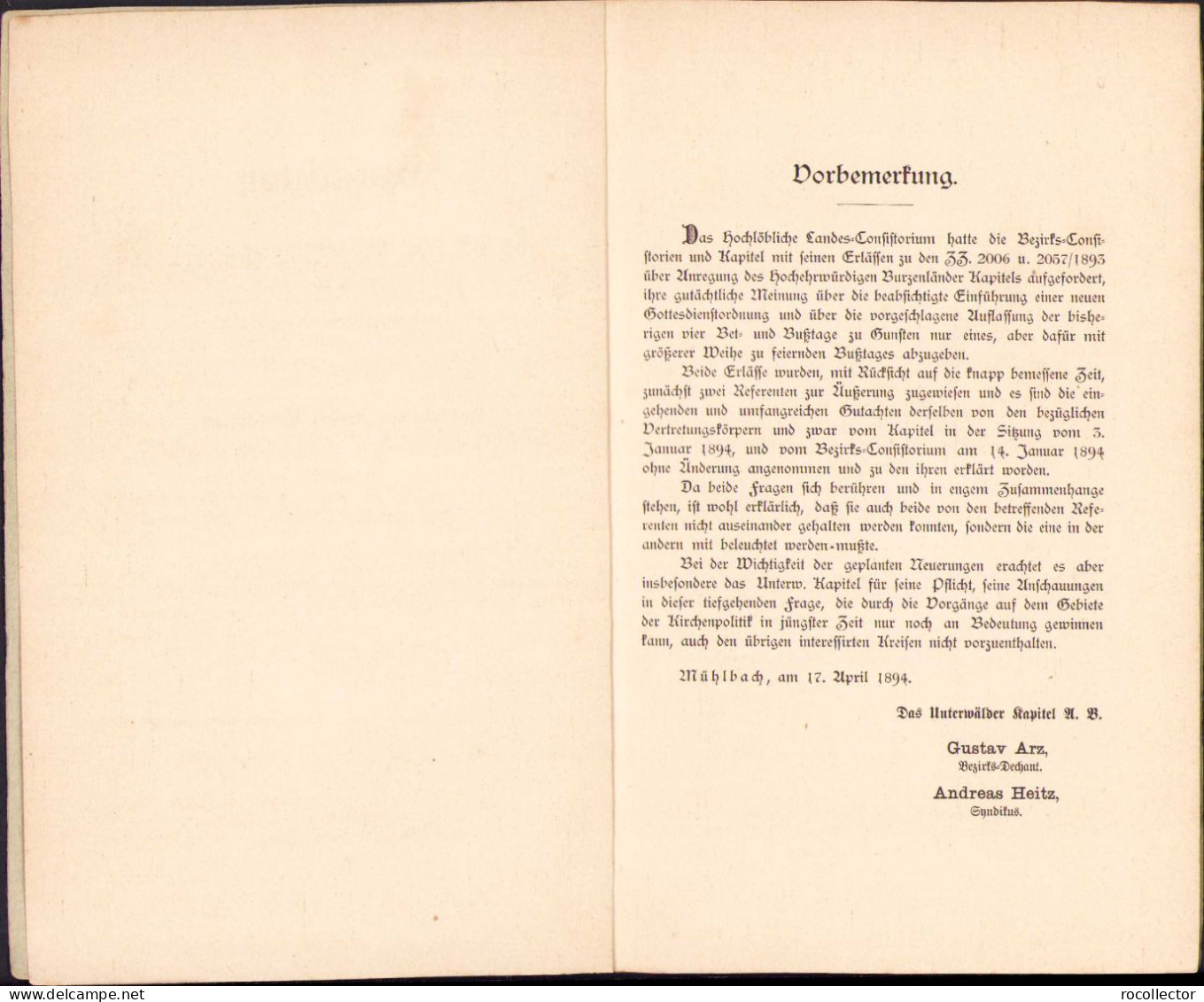 Gutachten Des Mühlbächer Bezirks-Consistoriums Und Des Unterwälder Kapitel, 1894 C574 - Old Books