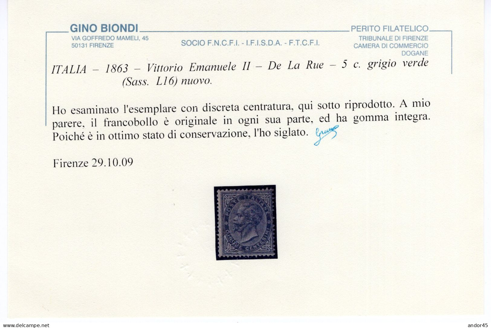 VITTORIO EMANUELE II DE LA RUE C.5 SASS L16 MNH** NUOVO CON PIENA GOMMA INTEGRA ORIGINALE DISCRETA CENTRATURA CERTIFICAT - Ungebraucht