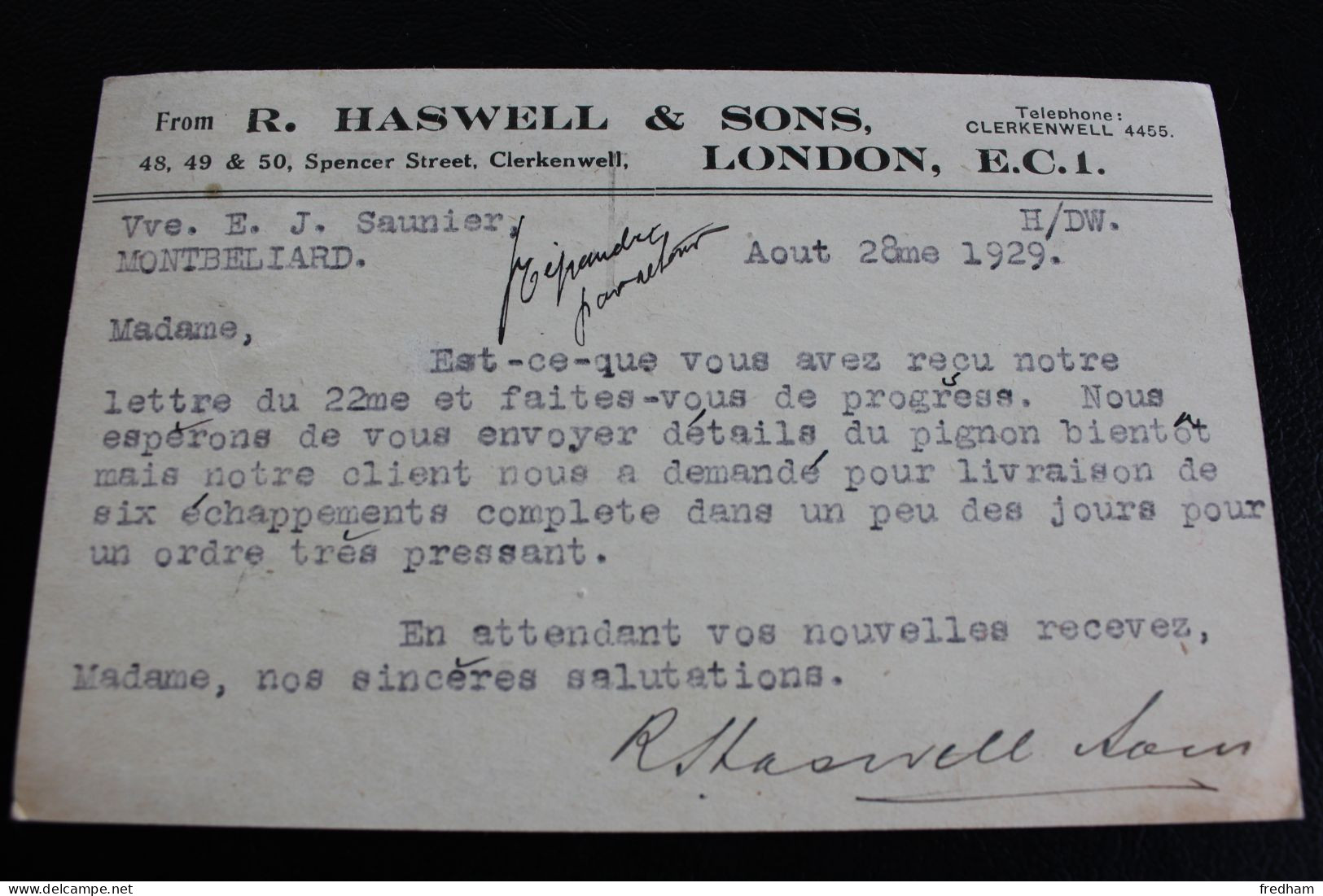 1929 CP FLAMME LONDRES DU 28-8-1929 " EXHIBITION NEWCASTLE-ON-TYNE " GEORGES V 3 HALFPENCE POUR MONTBELIARD FRANCE TB - Brieven En Documenten