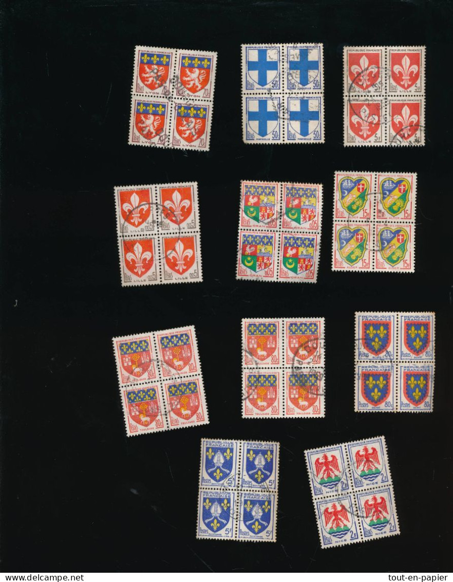 Lot De 11 Blocs De 4 Timbres France Blasons Armoiries Oblitérés - 1941-66 Coat Of Arms And Heraldry