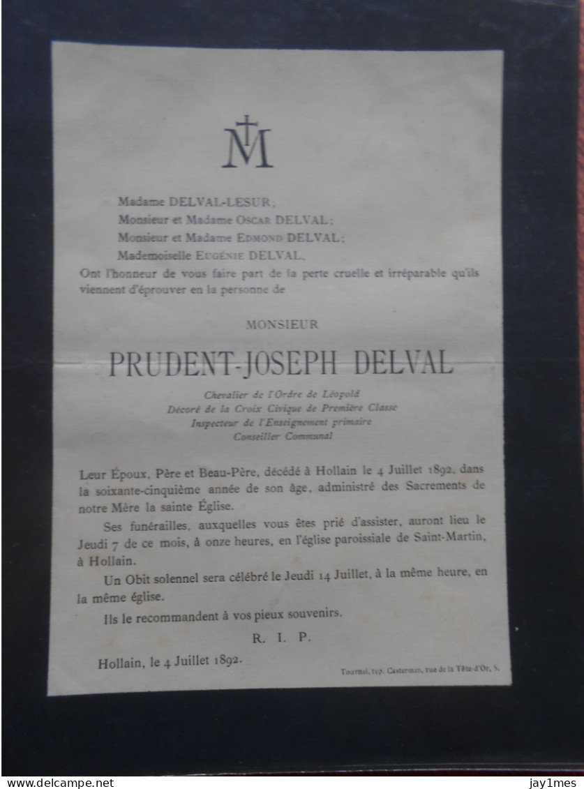Hollain Prudent-Joseph Delval Chevalier Ordre Léopold Décédé En 1892 à 65 Ans Pour Comtesse Château à Spa - Décès