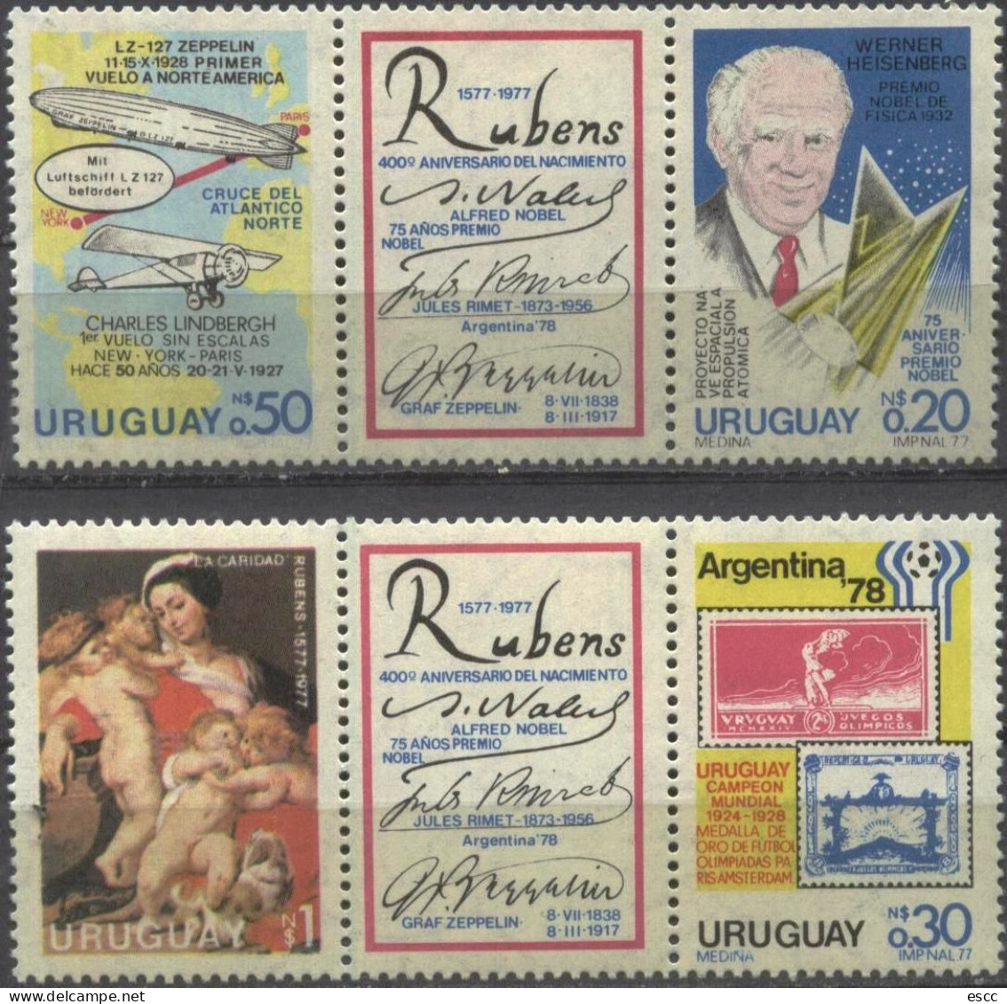 Mint Stamps Soccer Football World Cup Argentina Rubens Zeppelin Nobel 1977 From Uruguay - Uruguay