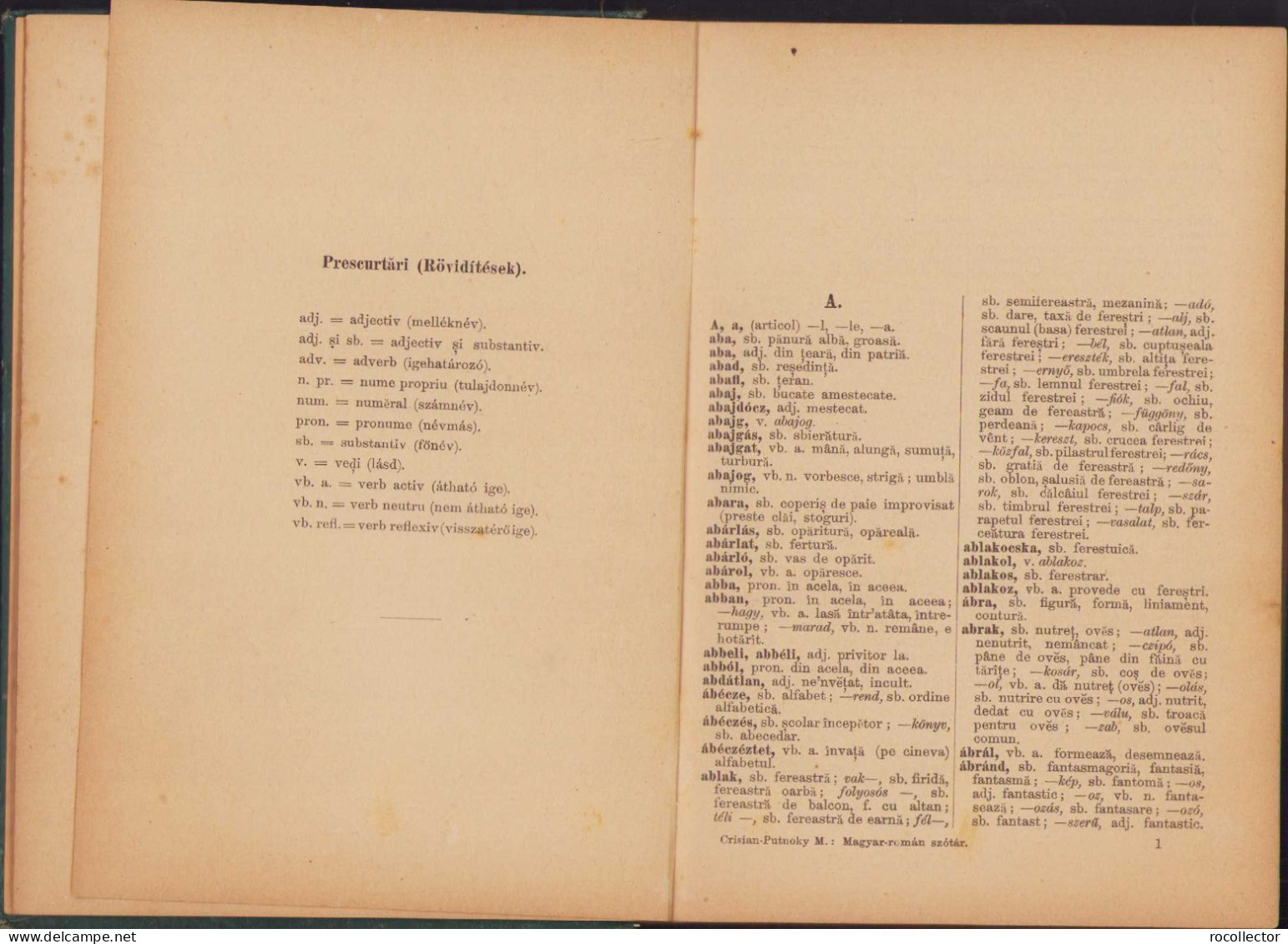 Magyar-Román Kéziszótár Iskolai és Magánhasználatra Irta Crisan Janos, 1895, Budapest C415 - Libros Antiguos Y De Colección