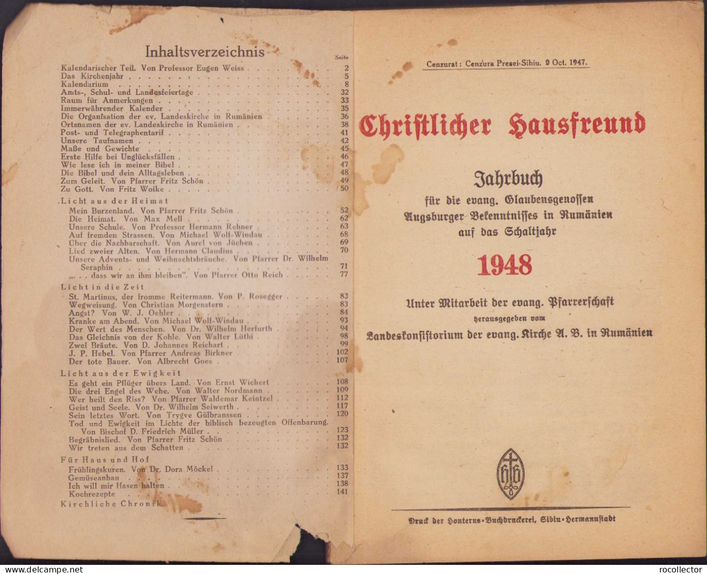 Christlicher Hausfreund Jahrbuch 1948 Hermannstadt C402 - Livres Anciens