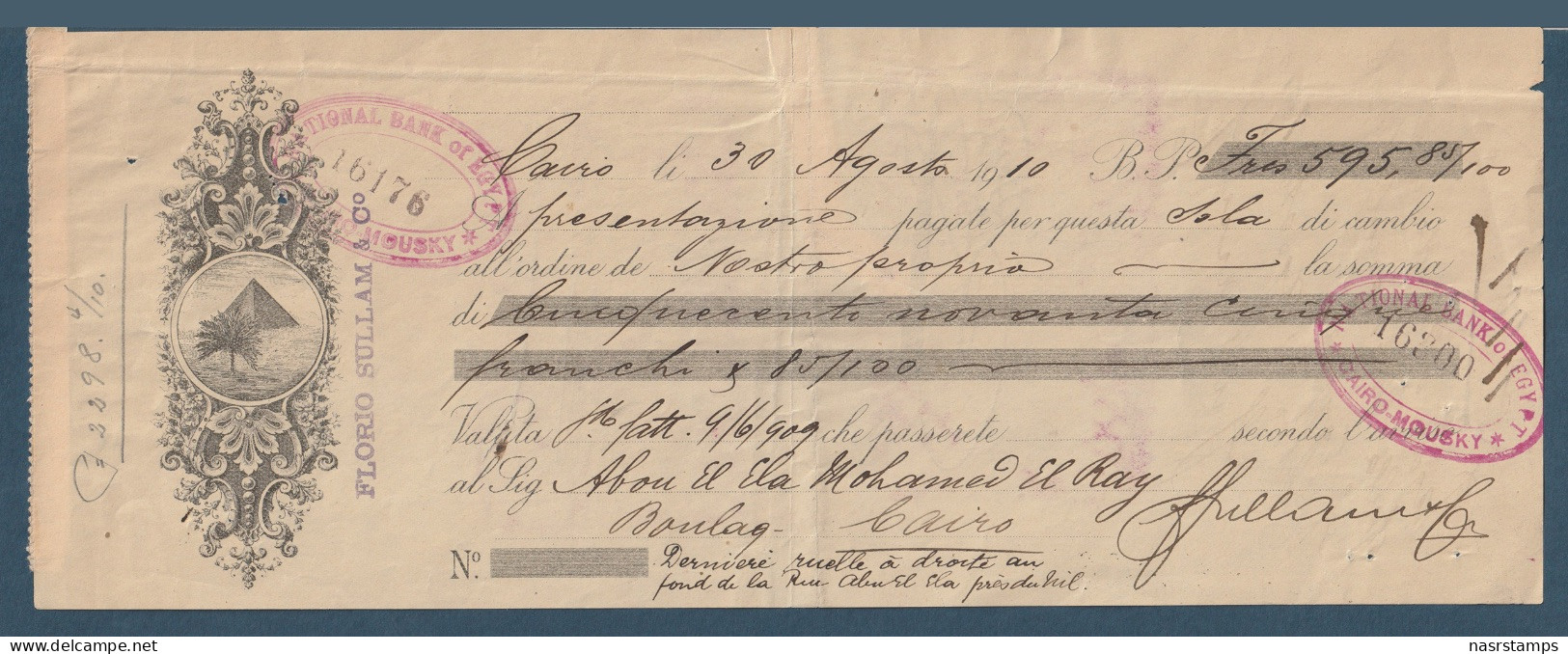 Egypt - 1910 - RARE - Vintage Receipt - ( FLORIO SULLAM & Co. - Cairo ) - Ongebruikt