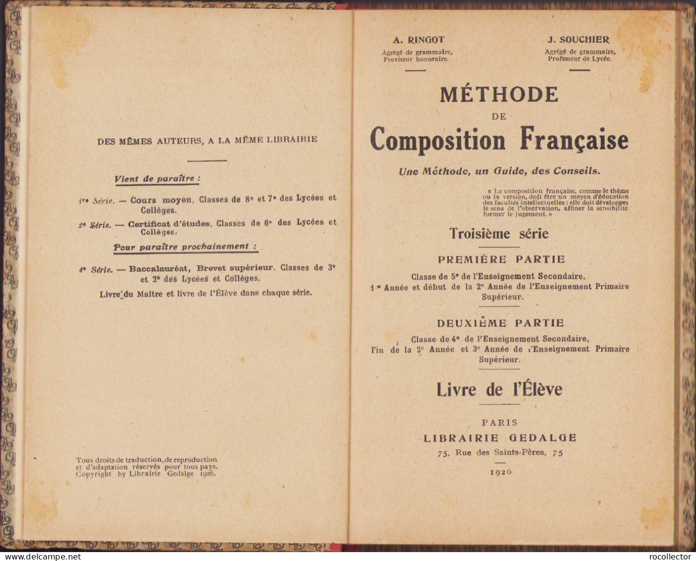 Methode De Composition Francaise Livre De L’Eleve, 1926 C315 - Livres Anciens