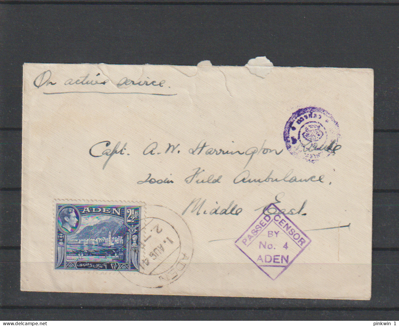 Aden Cover Censored 1941 To Capt Harrington Middle East - Aden (1854-1963)