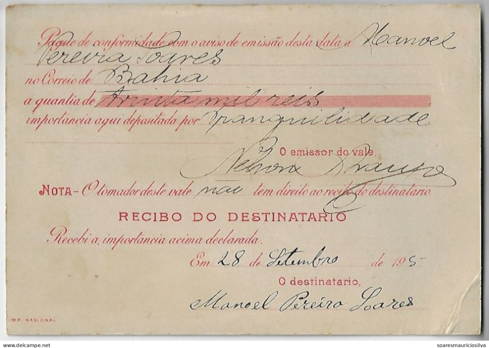 Brazil 1915 Money Order From São Paulo To Bahia Vale Postal 30,000 30$000 Reis + Definitive Stamp 600 Prudente De Morais - Brieven En Documenten