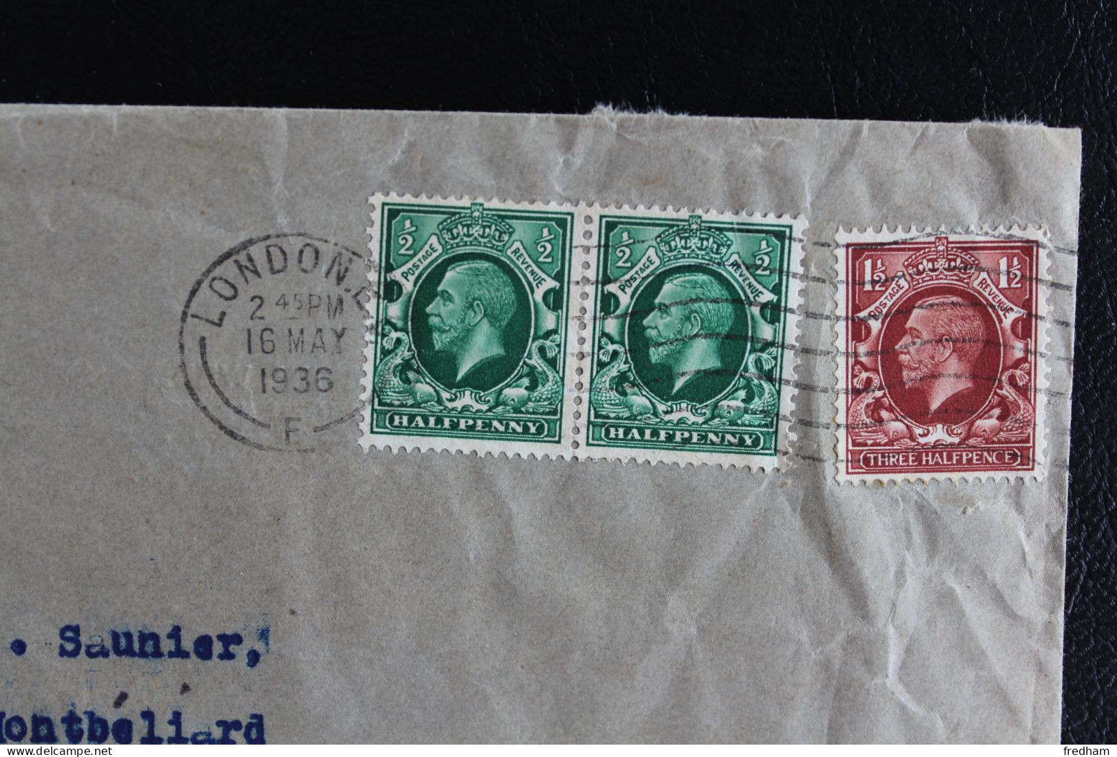 LSC 16/5/1936 OBLI MECA LONDRES 7LO TP GEORGES V THREE HALFPENCE ET HALF PENNY (paire)  POUR MONTBELIARD FRANCE - Storia Postale