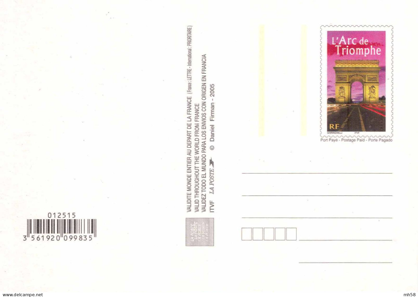 Entier FRANCE - Carte Postale Nuit Blanche Paris 2005 Neuf - TVP Arc De Triomphe - Prêts-à-poster:Stamped On Demand & Semi-official Overprinting (1995-...)